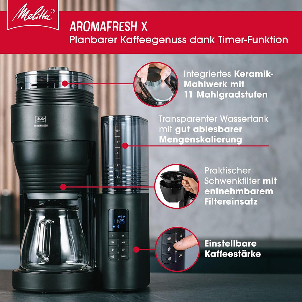 Melitta AromaFresh X - Macchina da Caffè con Macinacaffè, Macchina da Caffè Filtrato con Caraffa in Vetro e Blocco Antigoccia, per Fino a 10 Tazze di Caffè, Nero/Argento