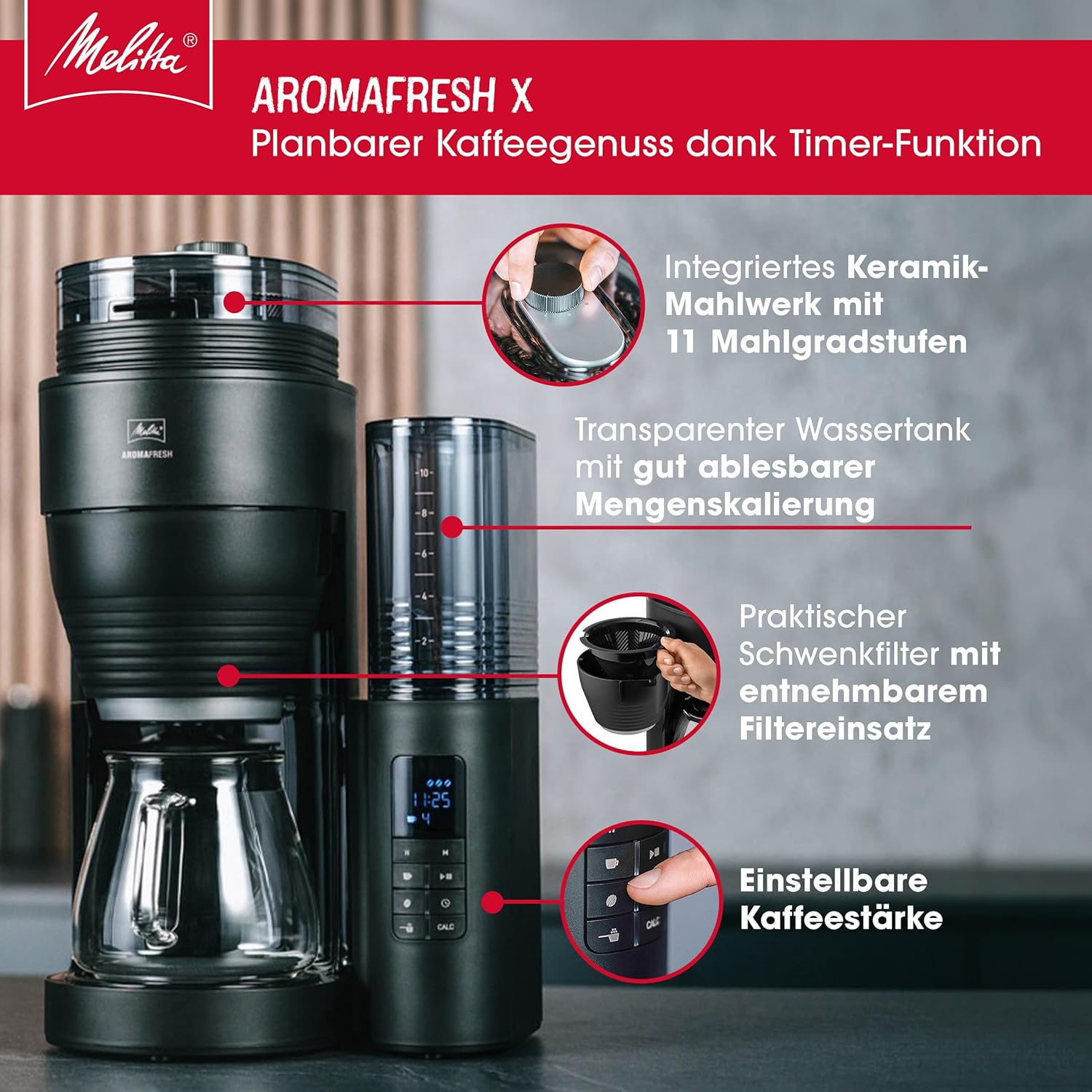 Melitta AromaFresh X - Macchina da Caffè con Macinacaffè, Macchina da Caffè Filtrato con Caraffa in Vetro e Blocco Antigoccia, per Fino a 10 Tazze di Caffè, Nero/Argento