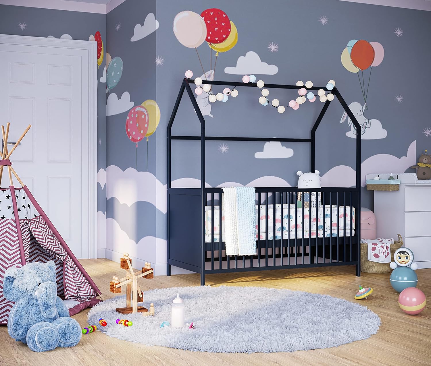 Bellabino Nika Lettino a capanna 70 x 140 cm, letto con sbarre e lettino a capanna per bambini e neonati in pino massiccio bianco, regolabile in altezza su 3 posizioni, incl. rete a doghe