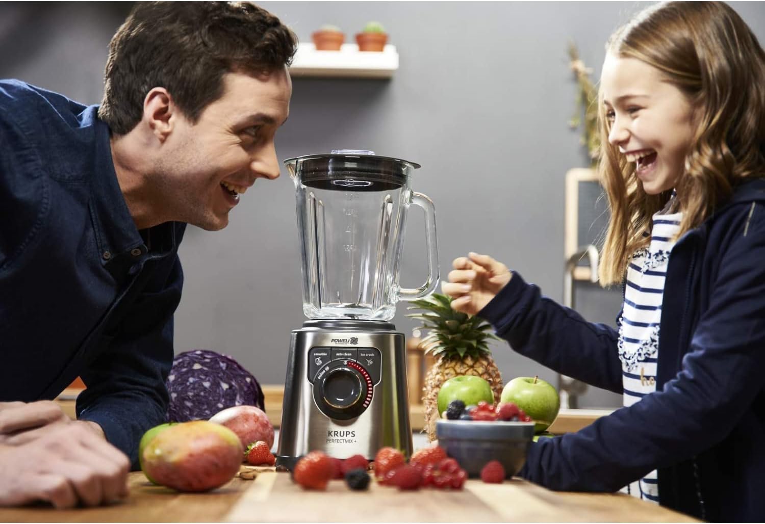 Krups KB403D Perfectmix + Hochleistungsstandmixer, 1.200W, 28.000 UpM, 2L Glasbehälter, 3 voreingestellte Programme, Powelix- Technologie, Edelstahl/Dunkelgrau