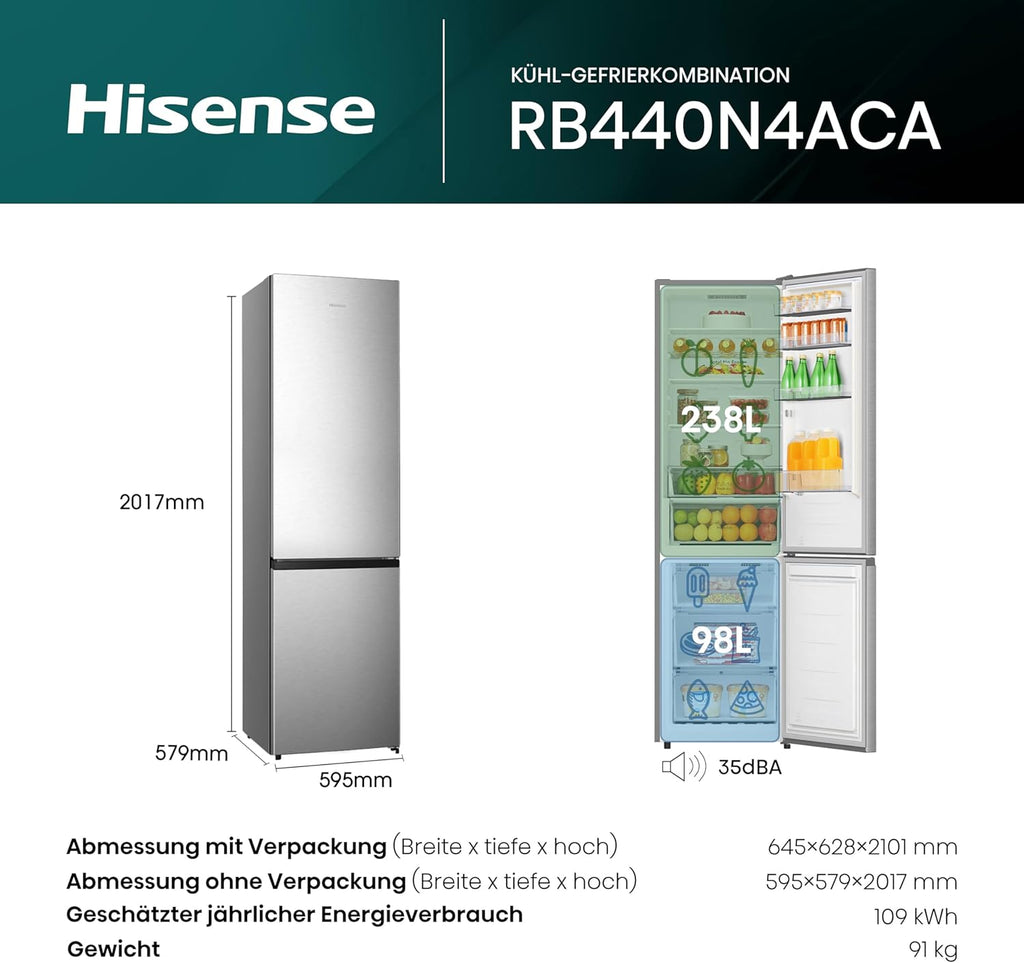 Hisense RB327N4ADD Frigorifero Combinato, Classe Energetica D, Total NoFrost, Porta Reversibile, Griglia Portabottiglie, Vano Frigo 171 Litri, Vano Congelatore 85 Litri, Look Acciaio Inox