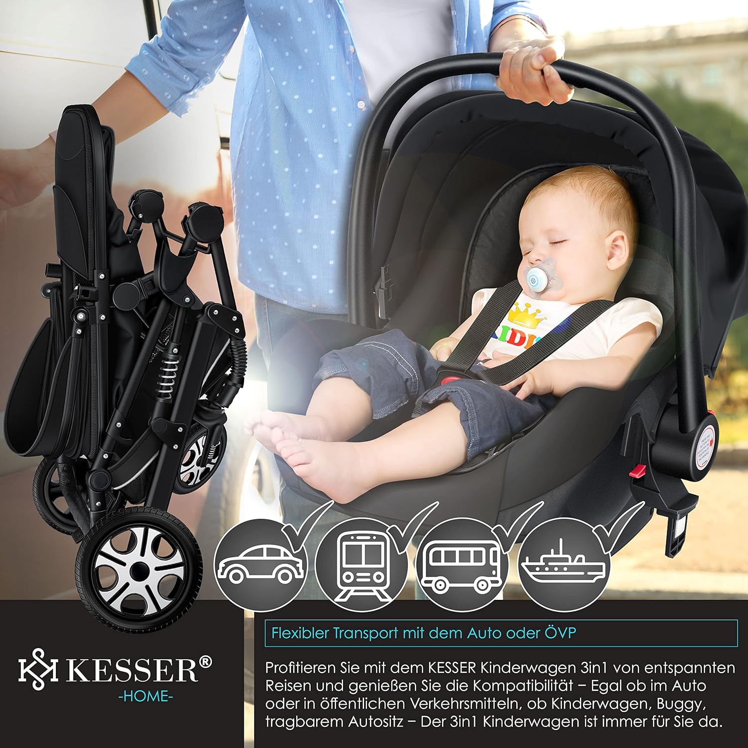 KESSER® Loops Passeggino Trio 3 in 1, Set Completo con Navicella, Seduta Passeggino e Seggiolino Auto Ovetto, Ruote in Gomma Piena, Borsa Fasciatoio, Parapioggia, Tavolino, ECE R129, Nero/Champagne