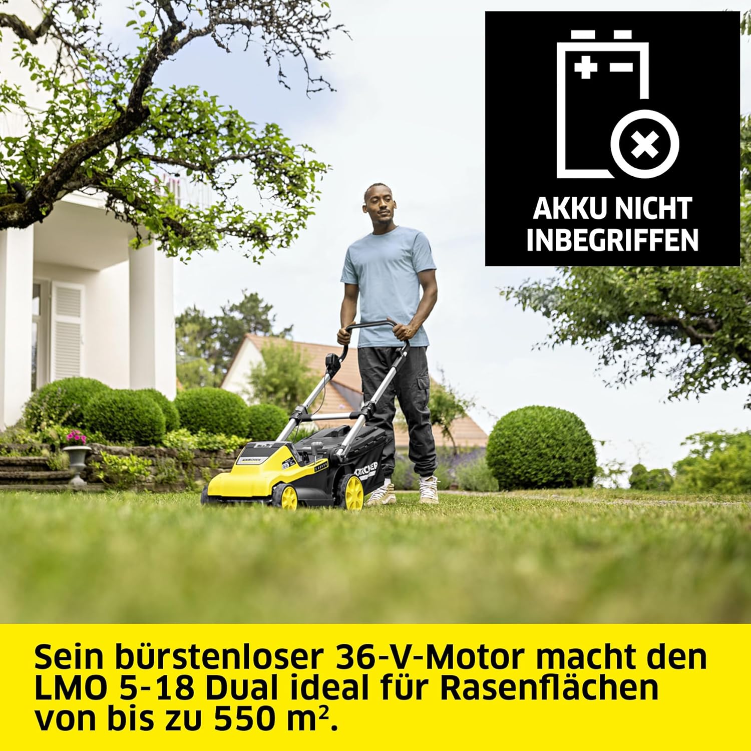 Kärcher Akku-Rasenmäher LMO 2-18, Grasfangbehältervolumen 30 l, 5 stufige Schnitthöhenverstellung 3.500 U/min, ohne Akku und Ladegerät, gelb