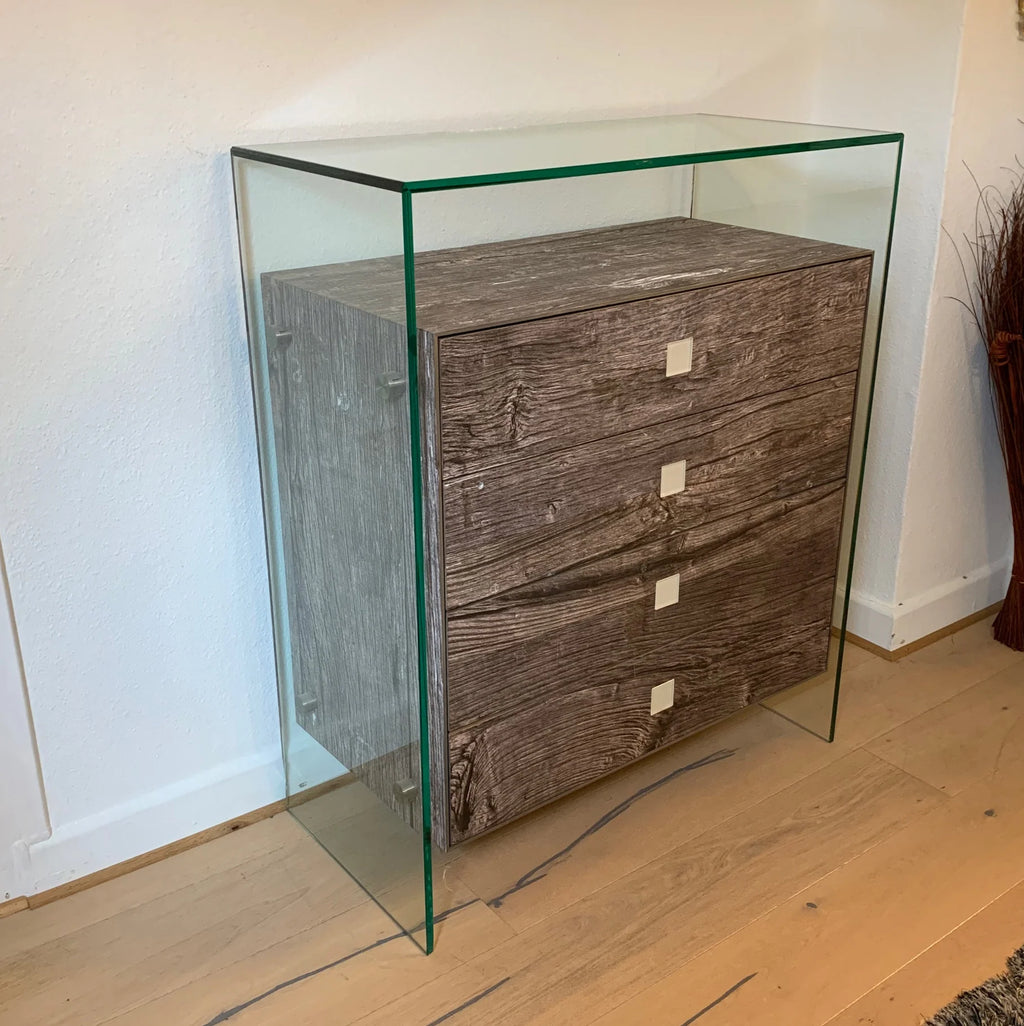 Dreieck Design Kommode Fusion Wood 4 Schübe, Glas, Fichte Vintage grau