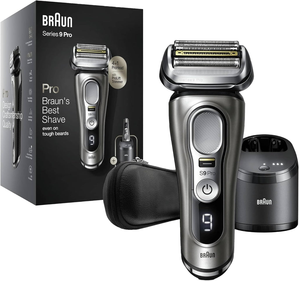 Braun Series 9 Pro Rasoio Elettrico da Uomo, Testato da Stiftung Warentest, con Testina Radente 4+1, Stazione di Ricarica, Regolabarba e 60 Minuti di Autonomia, 9465cc, Metallo Nobile