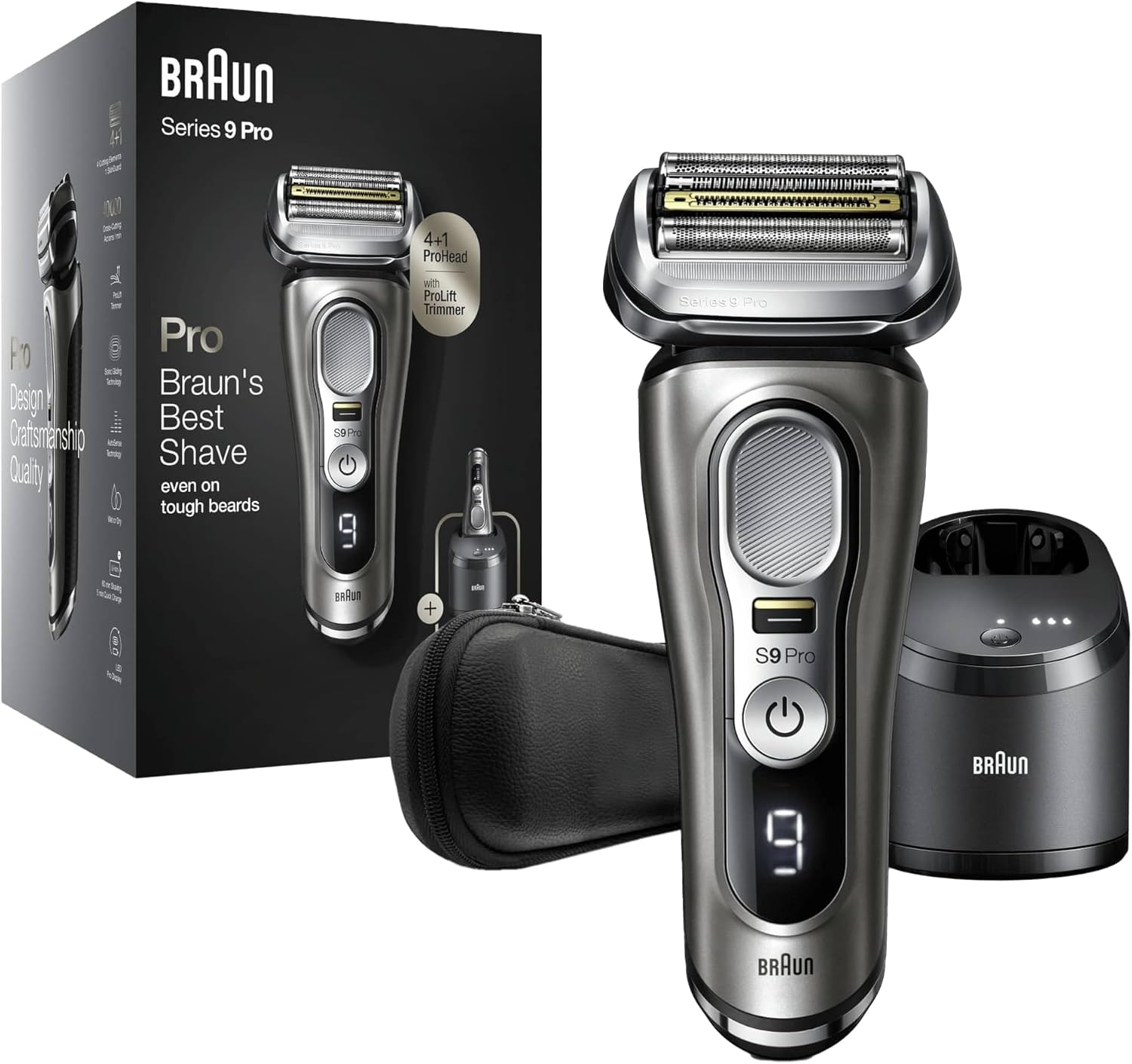 Braun Series 9 Pro Rasoio Elettrico da Uomo, Testato da Stiftung Warentest, con Testina Radente 4+1, Stazione di Ricarica, Regolabarba e 60 Minuti di Autonomia, 9465cc, Metallo Nobile