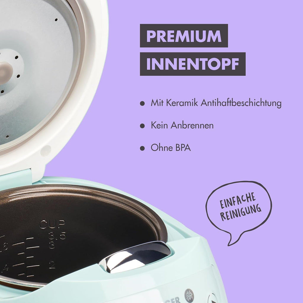 REISHUNGER Cuociriso digitale piccolo, nero | Da 0,6 L fino a 3 persone | Funzione mantenimento calore, timer e pentola premium | Multicooker e vaporiera piccoli, 8 programmi, tecnologia a 7 fasi