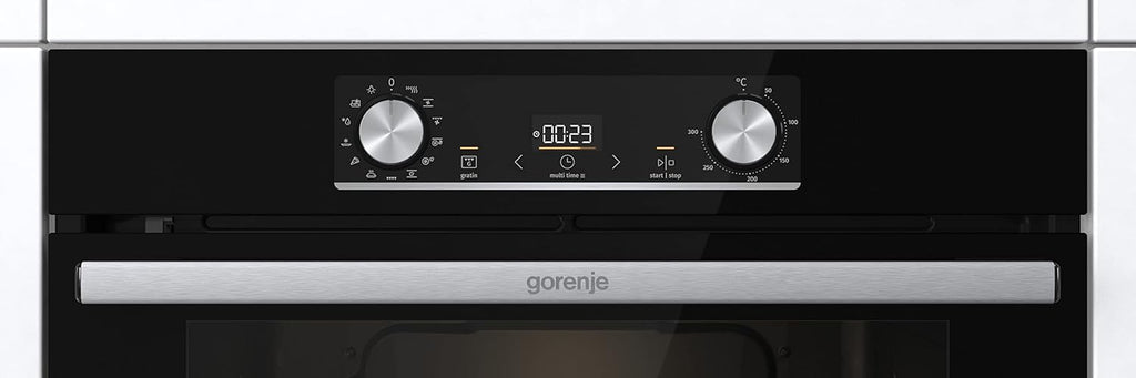 Gorenje 738971 Einbaubackofen-Set OptiBake Black Steam Pyro Set / 77L / Heißluft/Pyrolyse/ExtraSteam/GentleClose/AirFry/Pizzamode 300°C/PerfectGrill/Induktions-Kochfeld mit BridgeZone/schwarz