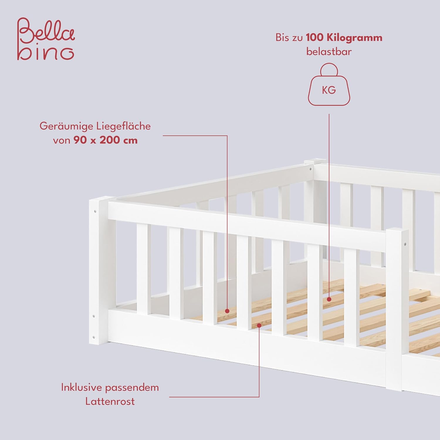 Bellabino Vere Letto a Pavimento 140x200 Montessori, Letto Matrimoniale con Protezione Anticaduta e Rete a Doghe, Letto per Bambini e Bambine in Legno Massello di Pino Bianco con Sbarre