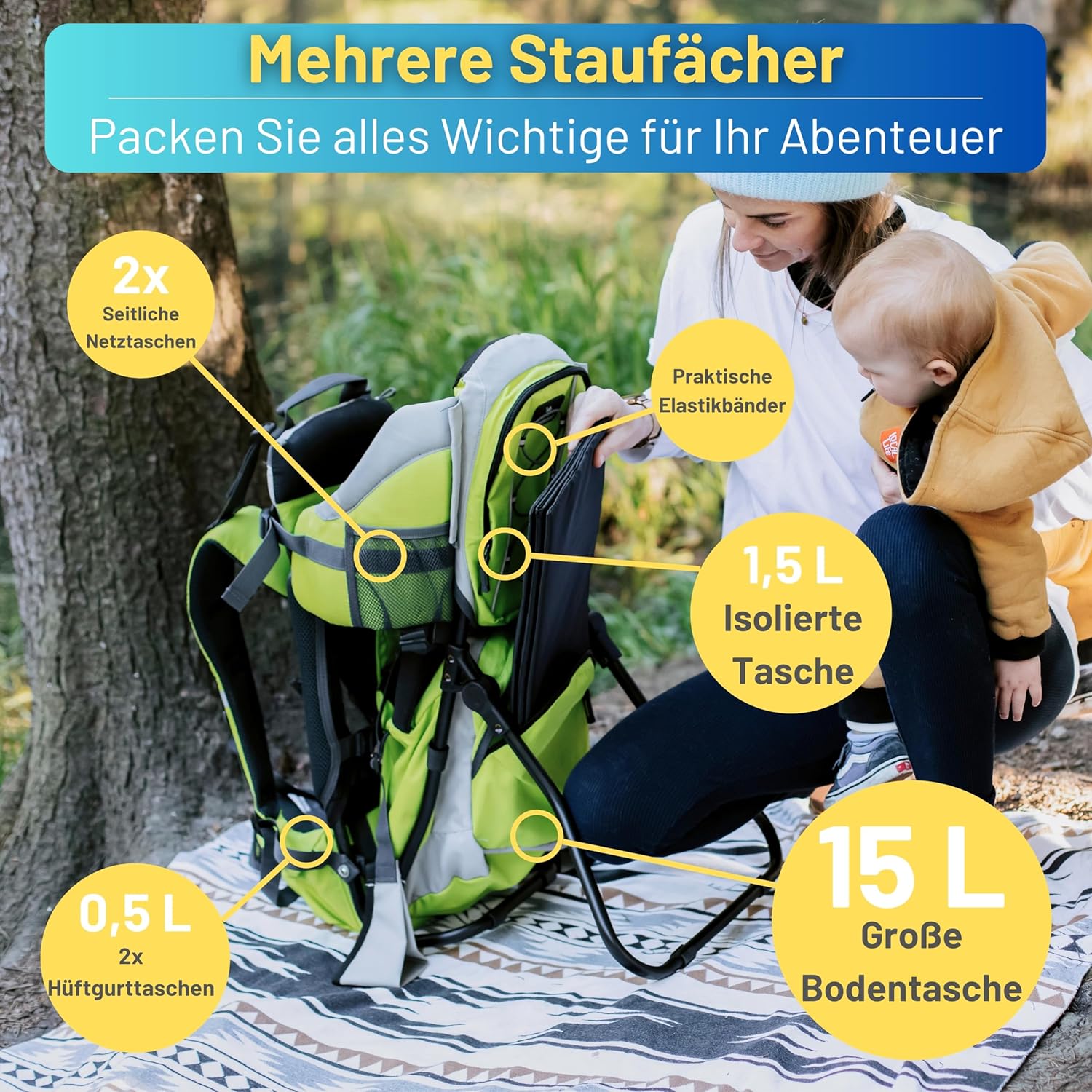 Dromader Kraxe Kindertrage bis 22kg – Kindertrage Wandern mit Sonnendach, Regenschutz, Thermotasche, Wickelmatte – Einhändig klappbare Rahmen – Blau