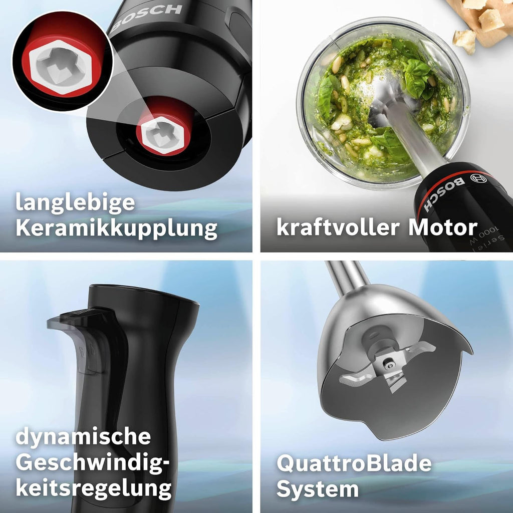 Bosch Frullatore a immersione ErgoMaster Serie 4, 1000 Watt, Piede in acciaio inox, Tritatutto, Bicchiere graduato, nero