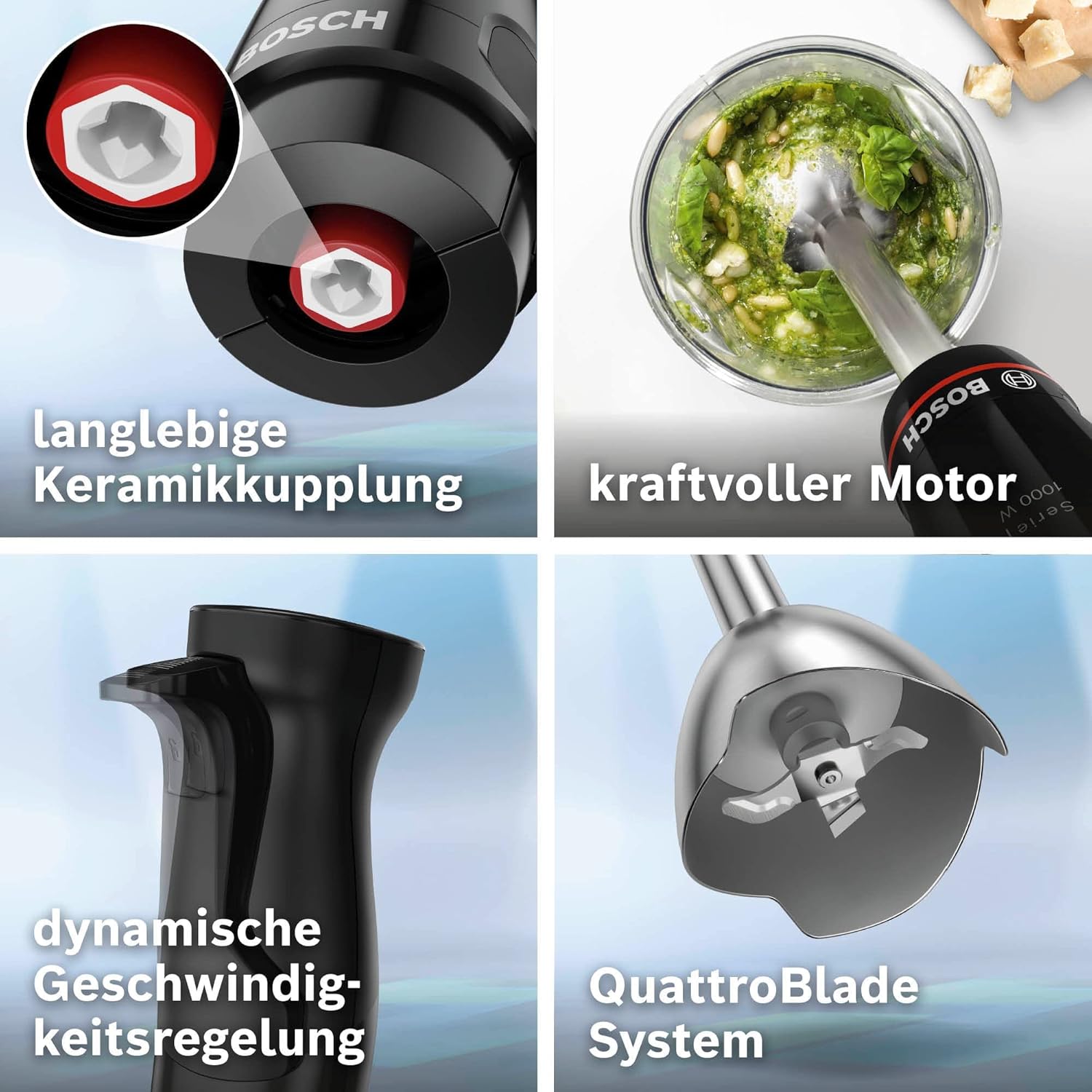Bosch Frullatore a immersione ErgoMaster Serie 4, 1000 Watt, Piede in acciaio inox, Tritatutto, Bicchiere graduato, nero