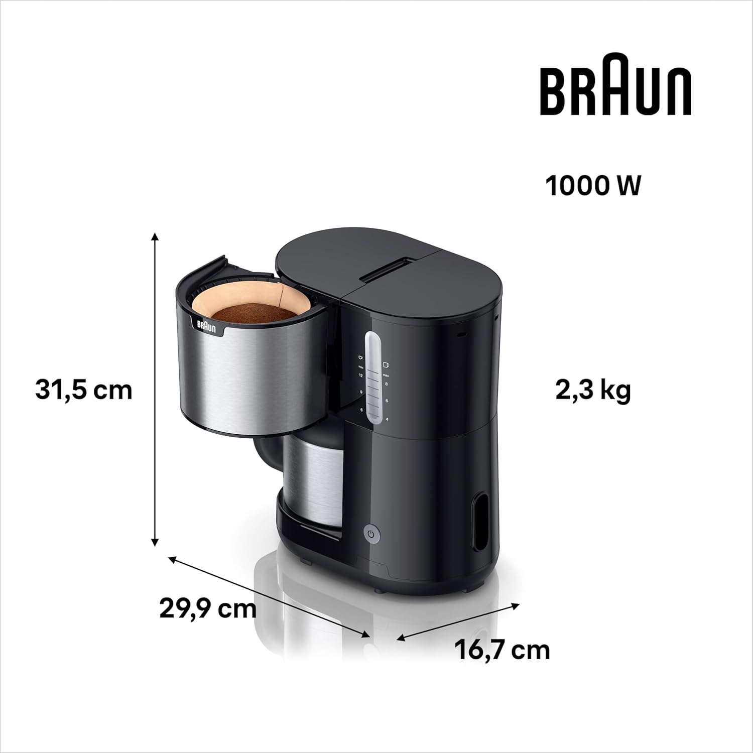Braun PurShine KF1505 BK Filterkaffeemaschine, 1,2L Edelstahl-Thermokanne für bis zu 9 Tassen, OptiBrew-System, Tropf-Stopp-Funktion, schwenkbarer Filterkorb, Automatische Abschaltung, 1000W, Schwarz