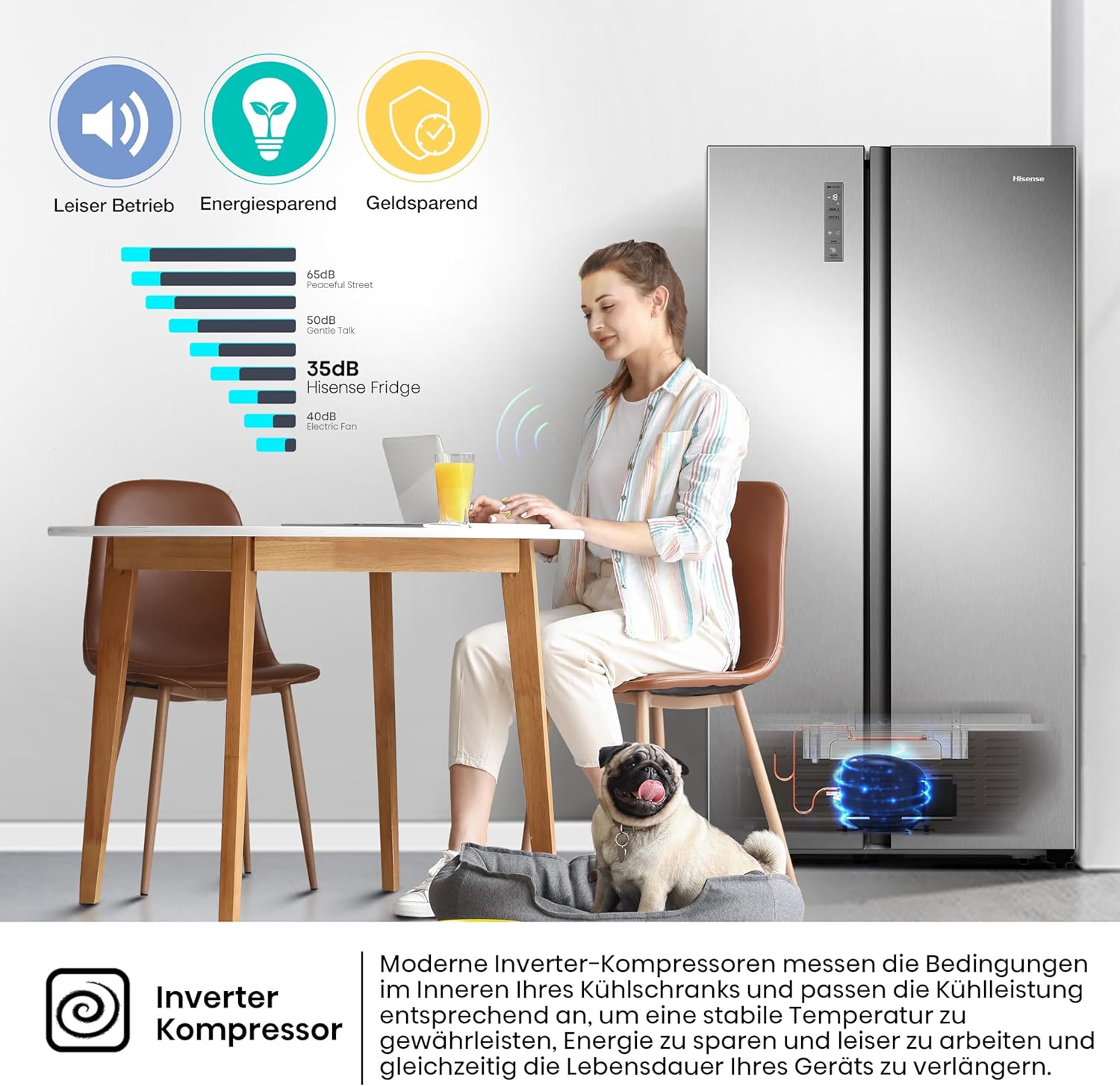 Hisense RS677N4BFD Frigorifero Americano Side by Side / Compressore Inverter / Porta Bottiglie / 2 FreshZone / Vano Verdure / Capacità Frigo 334 L / Capacità Congelatore 185 L / 41 dB / 247 kWh all'anno, Nero