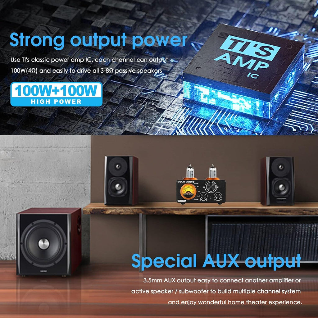 Douk Audio ST-01 PRO Amplificatore HiFi, Mini Amplificatore a Valvole da 200W con Bluetooth 5.0, VU Meter, Ingresso USB DAC Coassiale/Ottico (ST-01PRO)