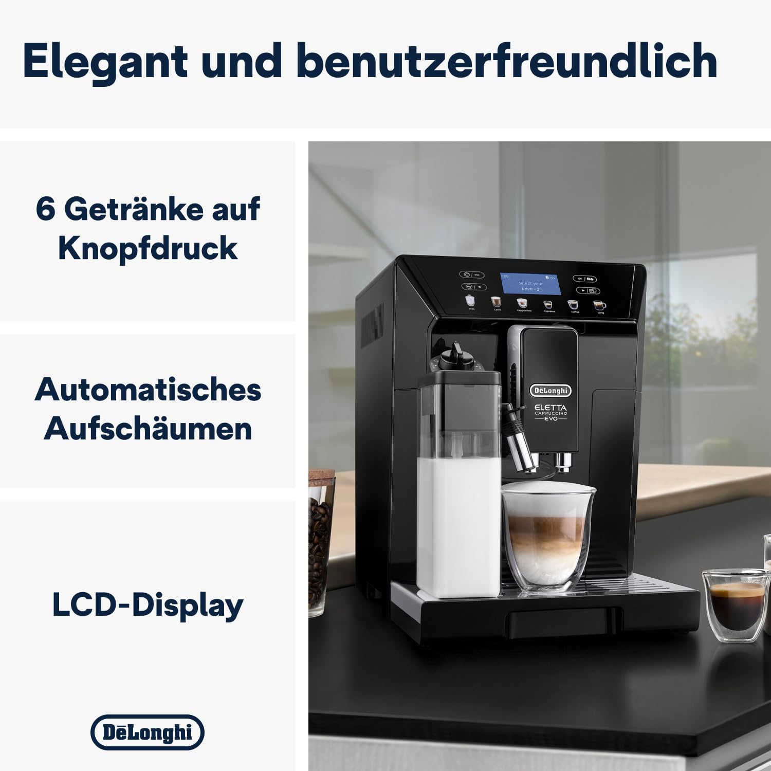 De'Longhi Eletta Evo ECAM 46.860.B Macchina automatica per caffè con sistema LatteCrema per il latte, cappuccino ed espresso con un solo tocco, display LCD e pulsanti a sfioramento, colore nero