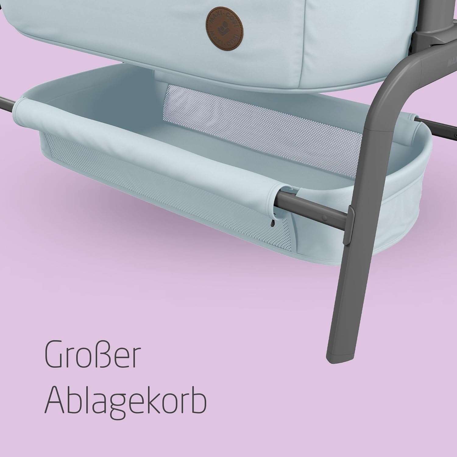 Maxi-Cosi Iora Beistellbett Baby, Faltbares Co-Sleeper, 0–6 Monate, max. 9 kg, 4 Neigungs- und 5 Höhenstufen, Leichtes Schieben, Bequeme Matratze, Großer Korb, Leicht zu Tragen, Essential Grey