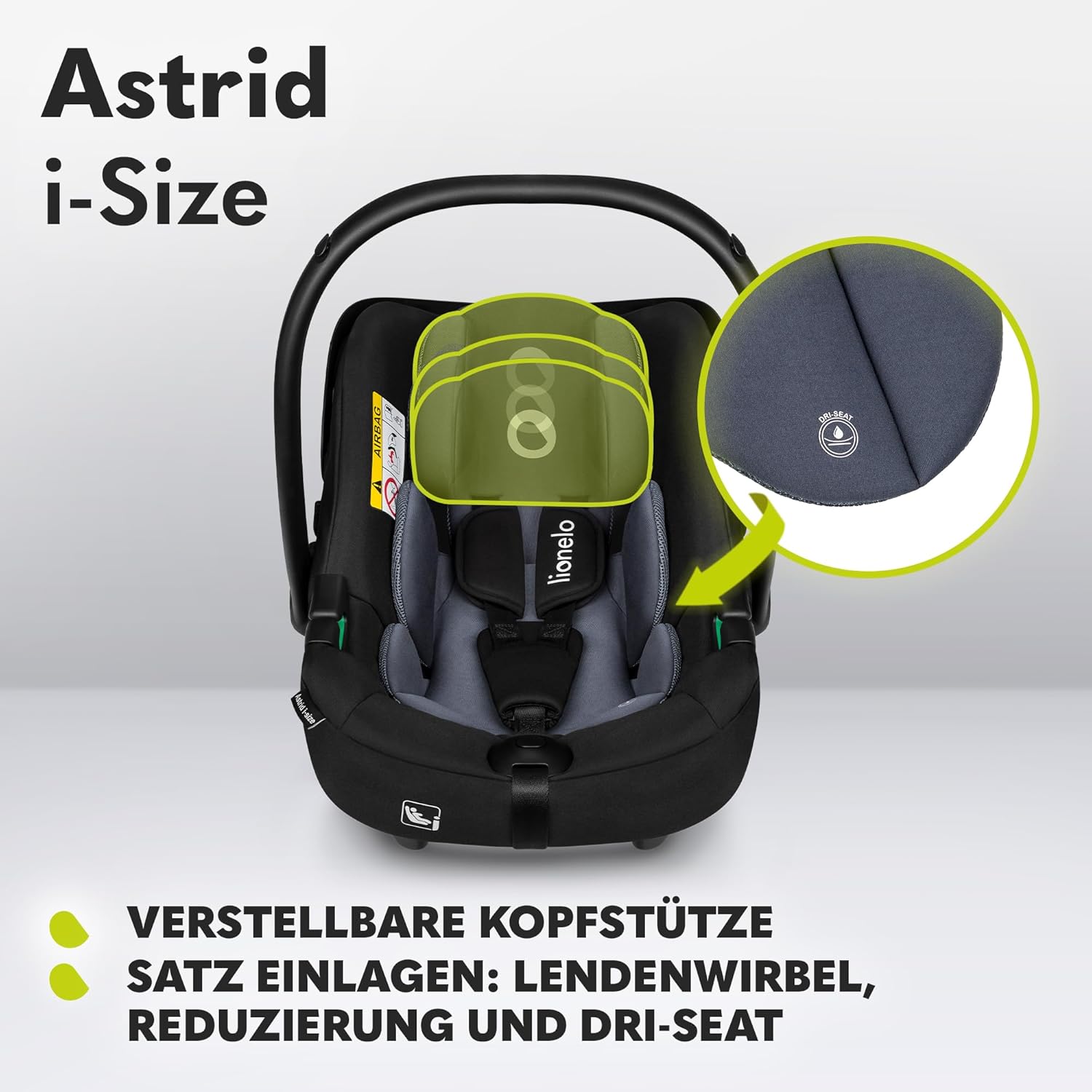 LIONELO ASTRID i-Size SET Seggiolino Auto con Base 40-87 cm Ovetto ISOFIX, Cinture a 3 Punti, Protezione Laterale, Riduttore Dri-Seat, i-Size R129
