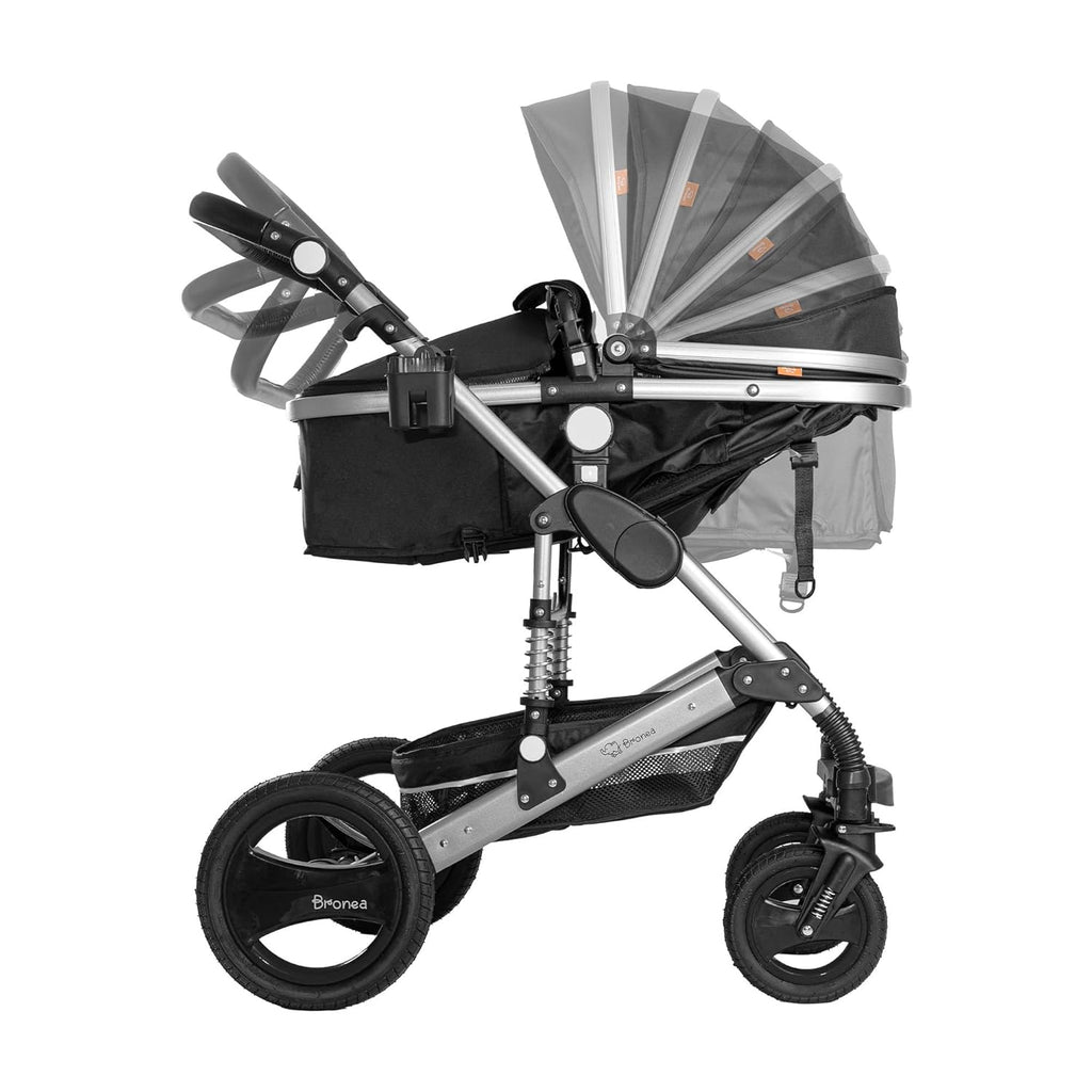Bronea EXQUISE Kombi-Kinderwagen 3 in 1 INKL. MATRATZE | FARBAUSWAHL | Buggy, Auto-Babyschale, Zusammenklappbar mit Wickeltasche, Regenschutz, Mückenschutz & Sonnenschutz, Farbe:schwarz/champagne