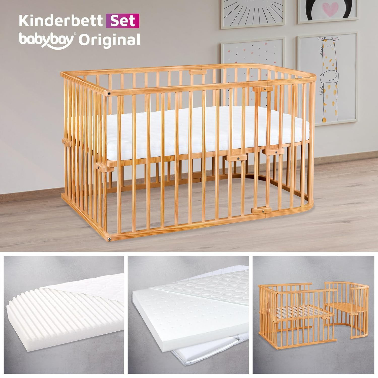 babybay Original Lettino da affiancare in massello di faggio / compatto e trasformabile / Altezza regolabile senza livelli preimpostati ed ecologico / Lettino evolutivo (laccato bianco) / Materasso incluso