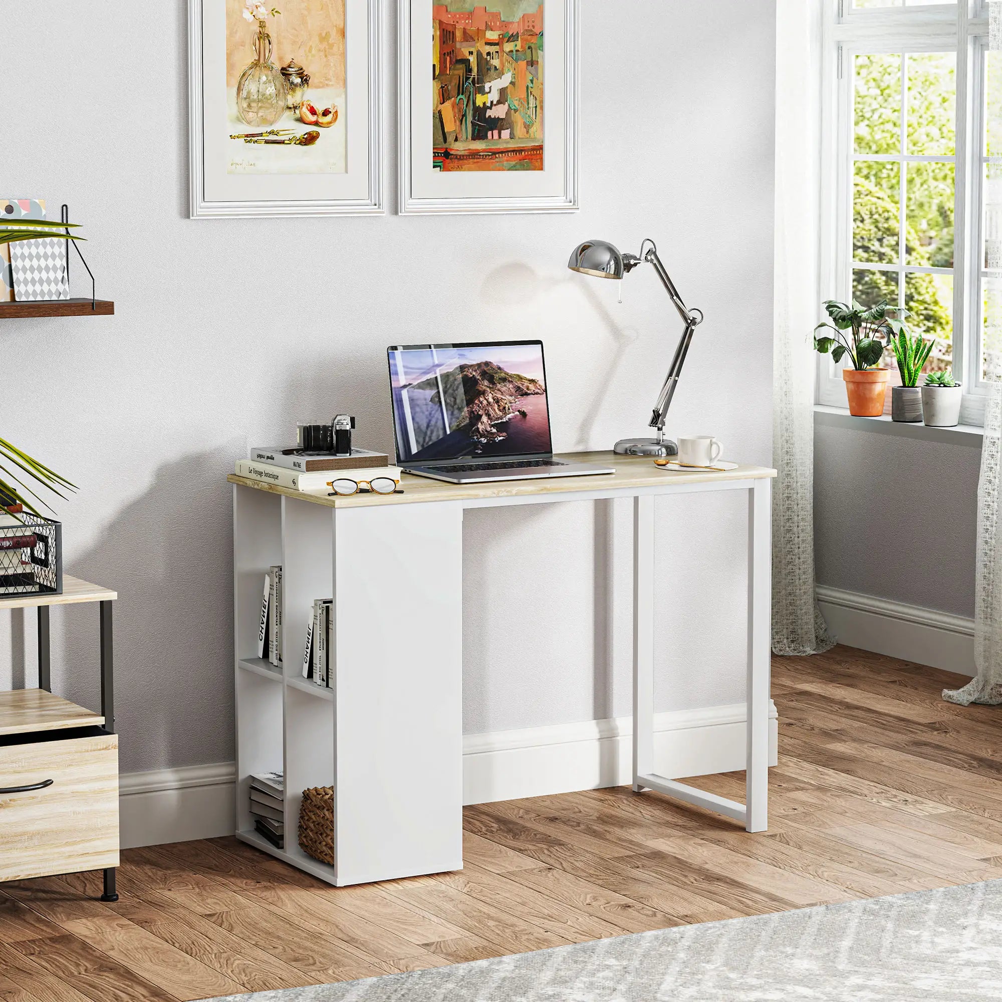 HOMCOM Scrivania da Ufficio Tavolo PC con 4 Ripiani Flessibili, Legno di Quercia