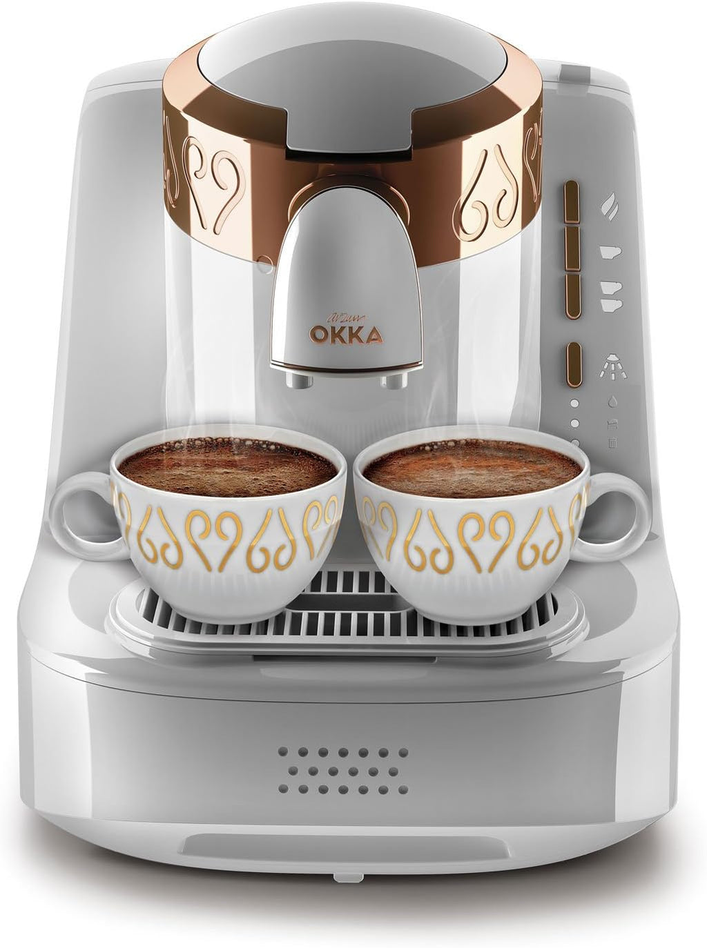 Arzum Okka Türkischer Kaffeemaschine, Vollautomatisch, 3 Tassen Größen, Selbstreinigungsfunktion, 950 ml Wassertank, Überschutzsensor, Kompaktes Design, Schwarz-Gold