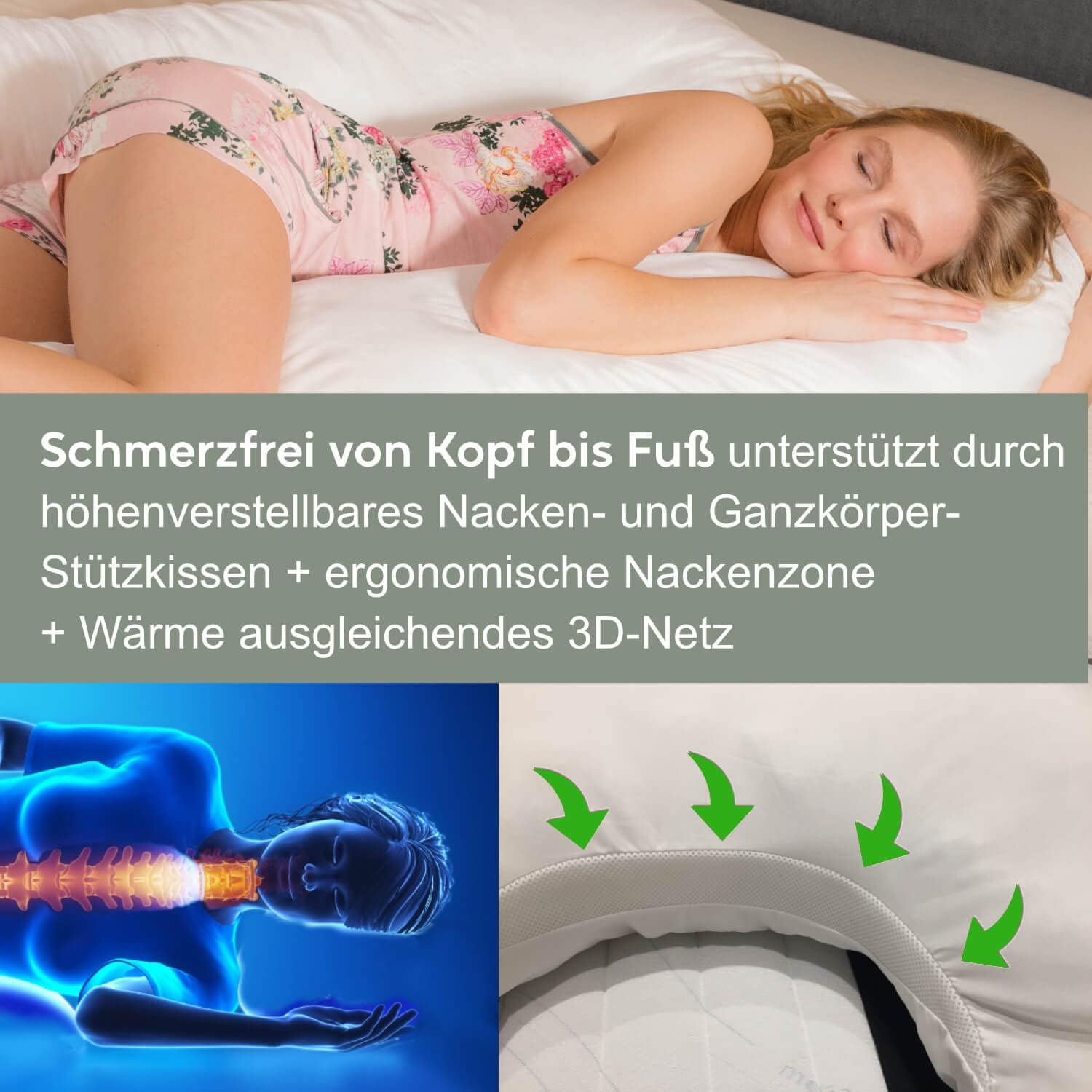 Traumreiter Visco XXL Seitenschläferkissen mit Bezug Baumwolle Graphit Grau, Hybrid Kissen + 1cm Memory Foam, U förmiges Schwangerschaftskissen Gel Body Pillow Komfortkissen Ergonomie Zertifiziert