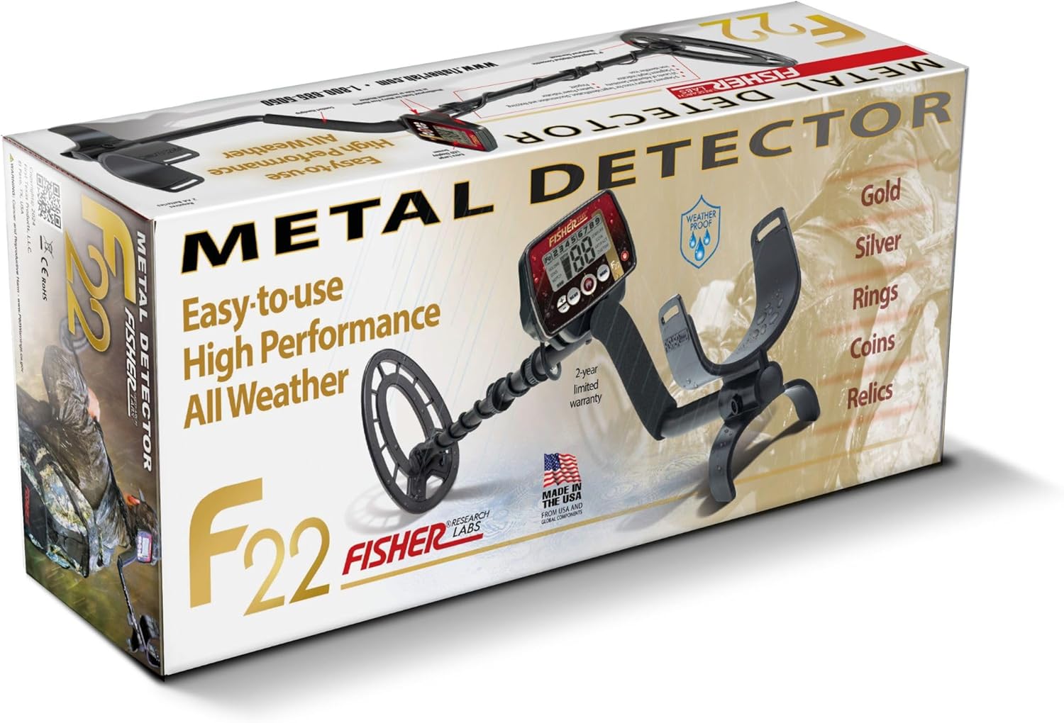 Metal detector per tutte le stagioni Fisher F22 con bobina sommergibile, nero