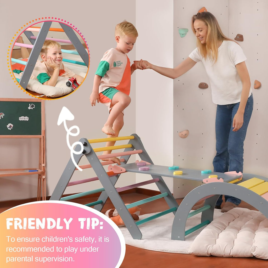 Set di triangoli con cuscino, set da arrampicata Montessori 5 in 1 pieghevole, set da gioco per interni per bambini piccoli, giocattolo da arrampicata in legno con rampa e arco da arrampicata per bambini (colore legno)