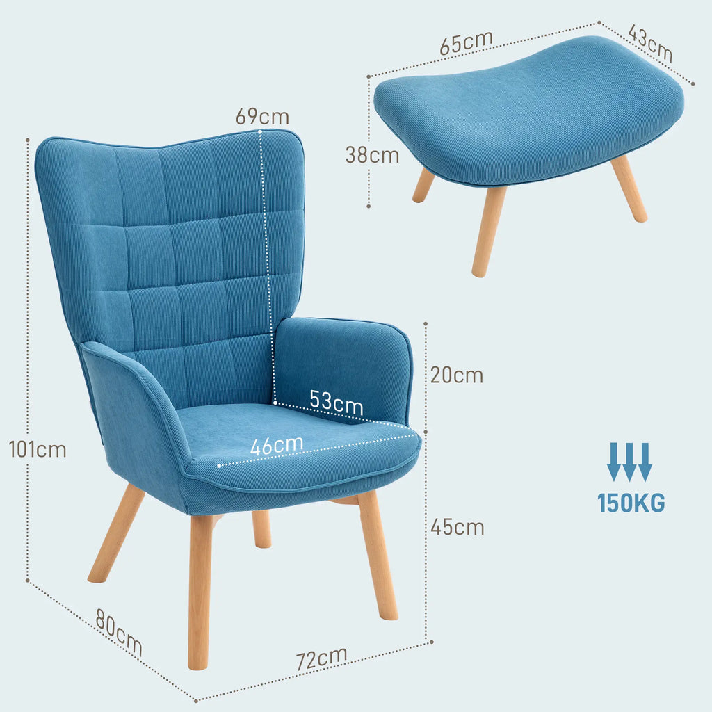 Poltrona relax HOMCOM con poggiapiedi design accattivante gambe in alto velluto a coste blu