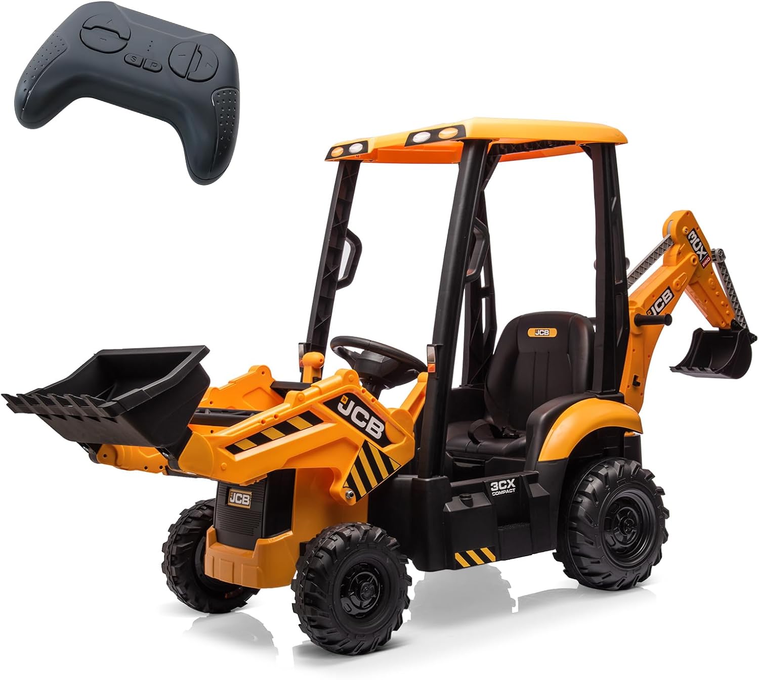 Escavatore e Bulldozer Elettrico 4 in 1, Veicoli Elettrici per Bambini 12V con Telecomando, Pala Anteriore, Escavatore, Clacson, Pneumatici in EVA, Giallo