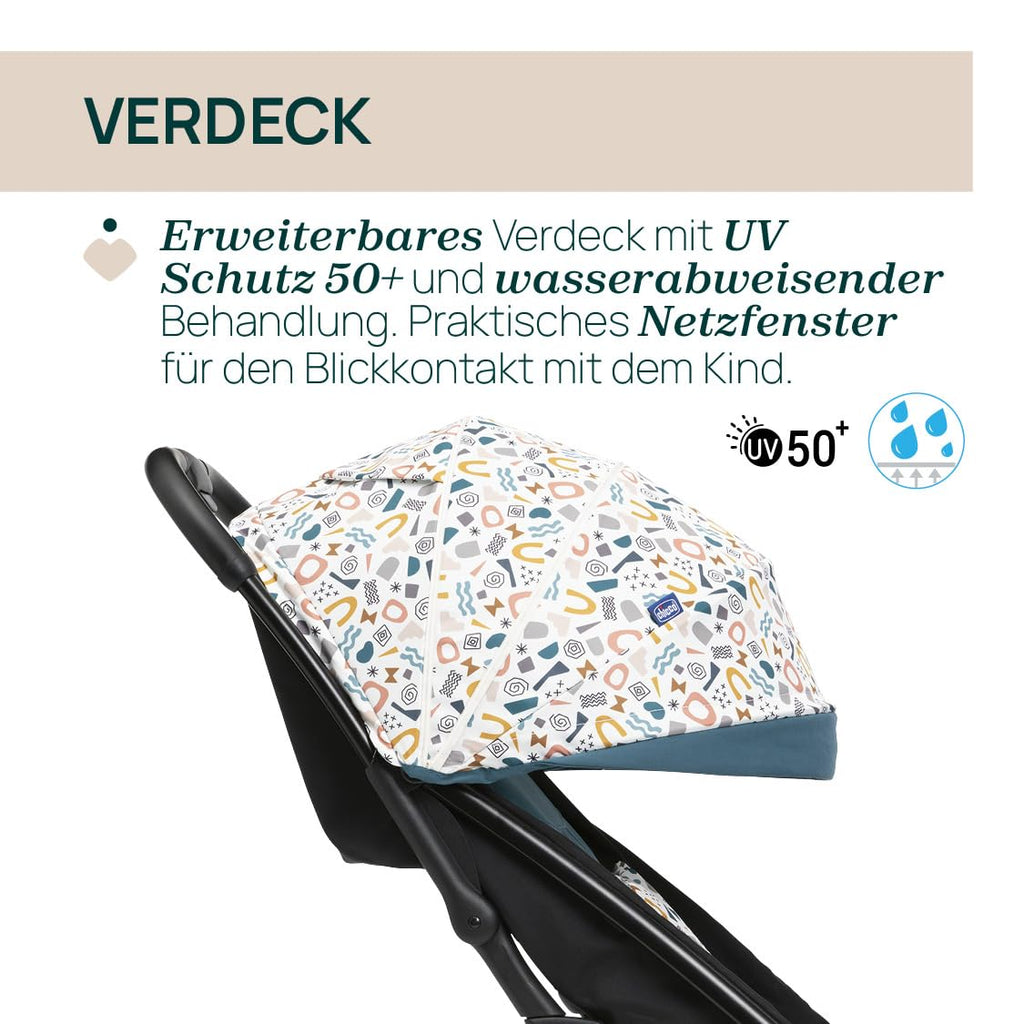 Chicco, Glee, Kinderwagen ab 0 Monate bis 4 Jahre, mit Automatik- und Kompaktverschluss, Ausziehbares Verdeck mit Lichtschutzfaktor 50+ und Regenschutz, 3-stufig verstellbare Rückenlehne, Beinauflage