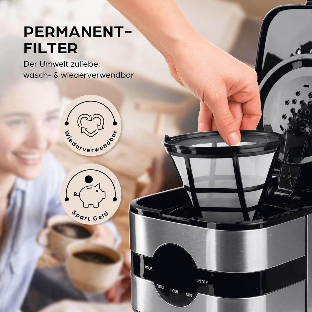 Barista Kaffeemaschine mit Mahlwerk | Filterkaffeemaschine mit Glaskanne | 900W Filtermaschine mit Touchdisplay & Timerfunktion für bis zu 10 Tassen | 1,25 Liter Kaffeekanne | Für Bohnen & Pulver