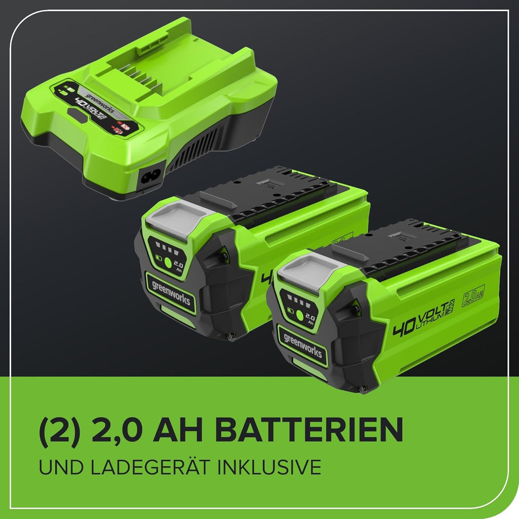 Greenworks 40V Soffiatore Assiale a Batteria con Cruise Control, 177 km/h, 11,05 m³/min, Sacco di Raccolta da 45L, due Batterie da 2Ah e Caricabatterie, 3 Anni di Garanzia GD40BVK2X