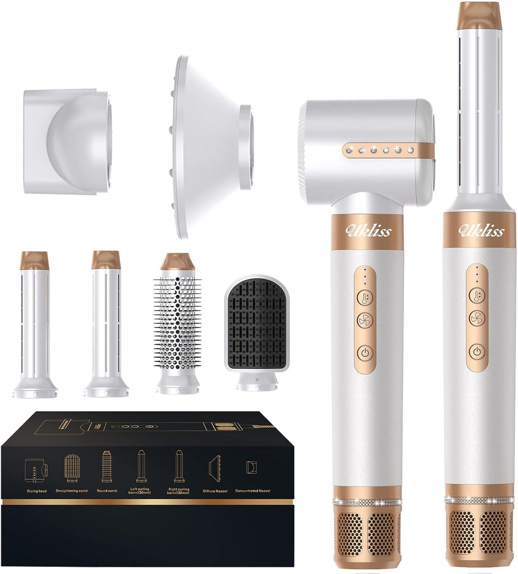 Asciugacapelli Air Styler 7 In 1, Motore ad Alta Velocità 110000 giri/min, Spazzola ad Aria Calda Con 7 Accessori, Asciugare, Lisciare, Arricciare, Dare Volume, Massaggiare il Cuoio Capelluto, Cura Ionica (Bianco)