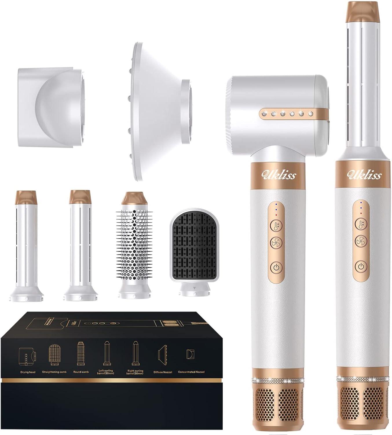Asciugacapelli Air Styler 7 In 1, Motore ad Alta Velocità 110000 giri/min, Spazzola ad Aria Calda Con 7 Accessori, Asciugare, Lisciare, Arricciare, Dare Volume, Massaggiare il Cuoio Capelluto, Cura Ionica (Bianco)