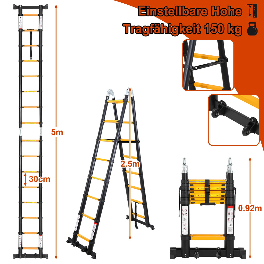 Sonnewelt 5M Alu Teleskopleiter Klappleiter mit Rdern und Dreiecksstabilisator Schwarz