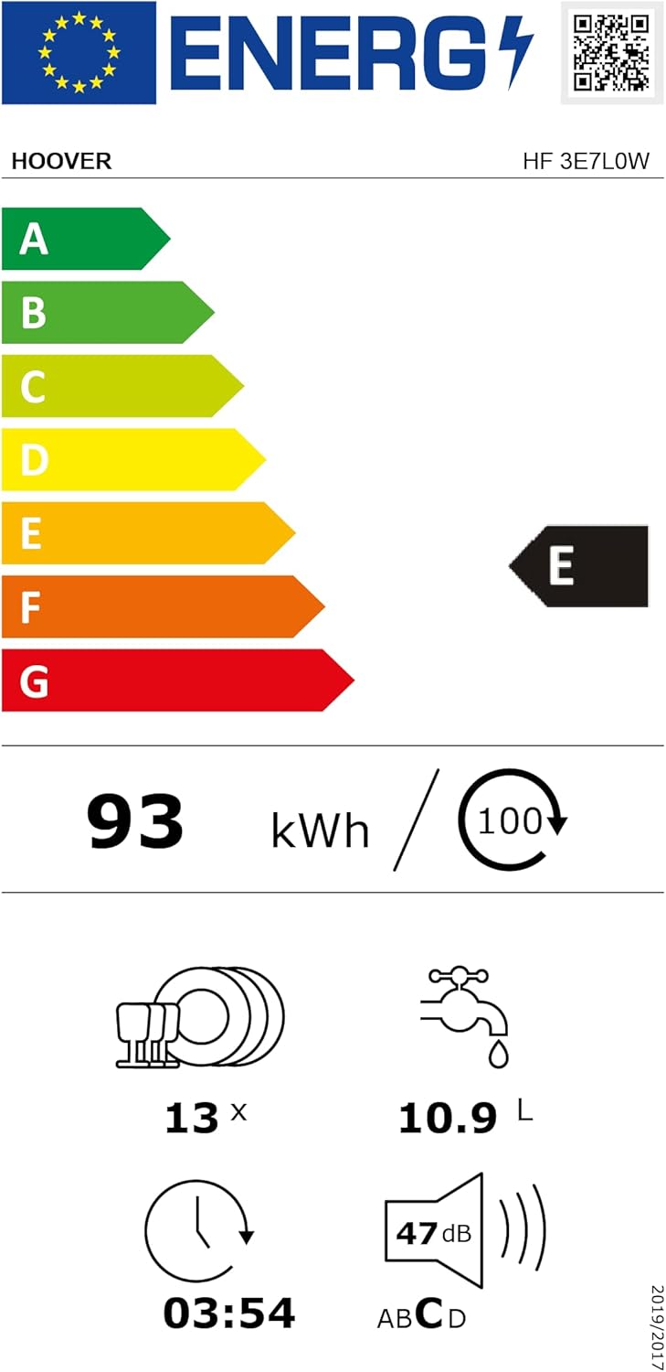 Lavastoviglie Hoover HF 4C6F0PW; 14 coperti; Libera installazione, 60 cm di larghezza; Classe di efficienza energetica C; Controllo intelligente con tecnologia WiFi + Bluetooth