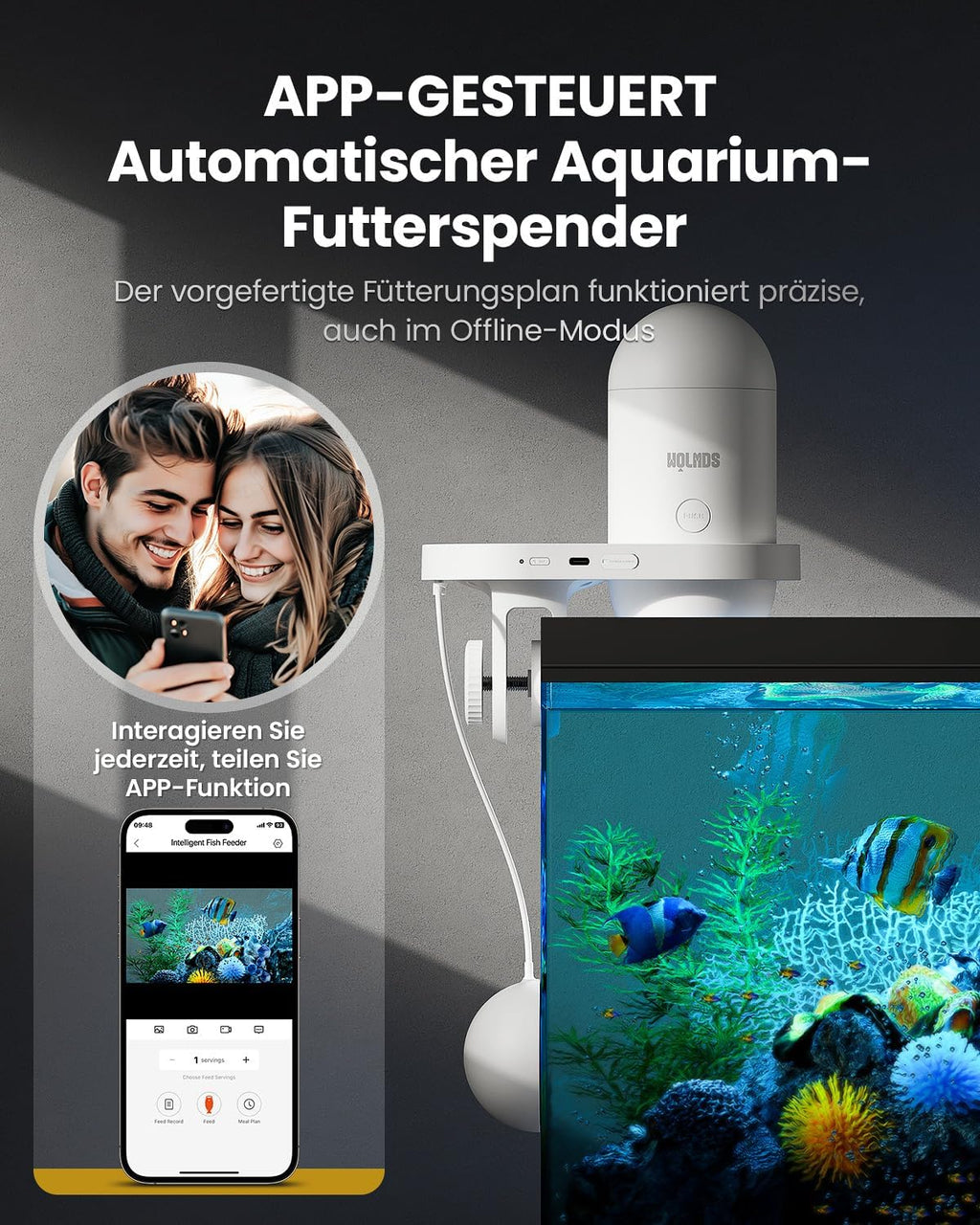 Wolmds automatischer Fischfütterer mit 2.5K Kamera, App-Steuerung, feuchtigkeitsbeständiger Urlaubsfutterspender, Präzisionsfütterungssystem, visueller Monitor für Aquarien, Schildkrötenstiften (FS-2)