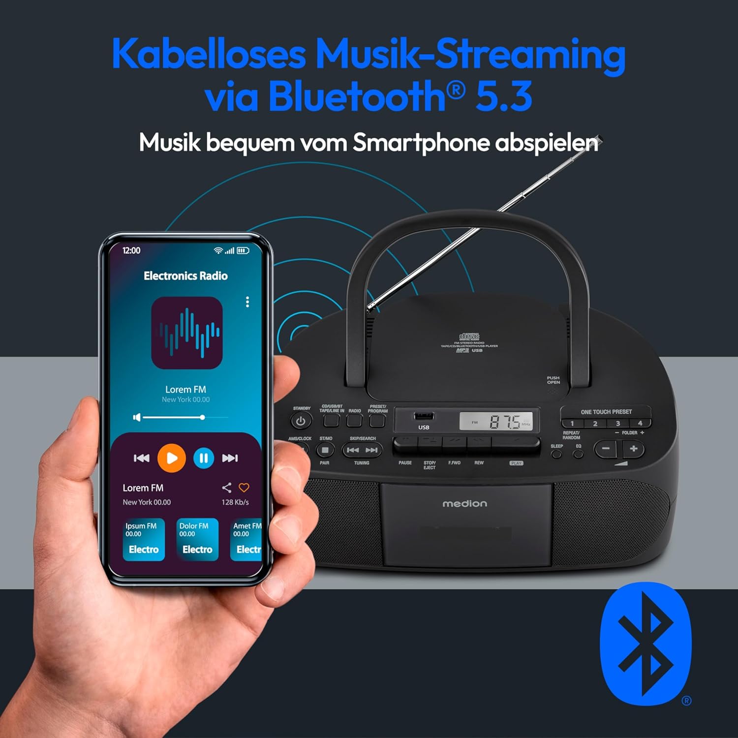 MEDION E65010 Radioregistratore stereo (lettore CD, cassetta, porta USB, ingresso audio AUX, riproduzione MP3, radio PLL FM, 40 stazioni memorizzabili, funzionamento a batteria, telecomando) bianco