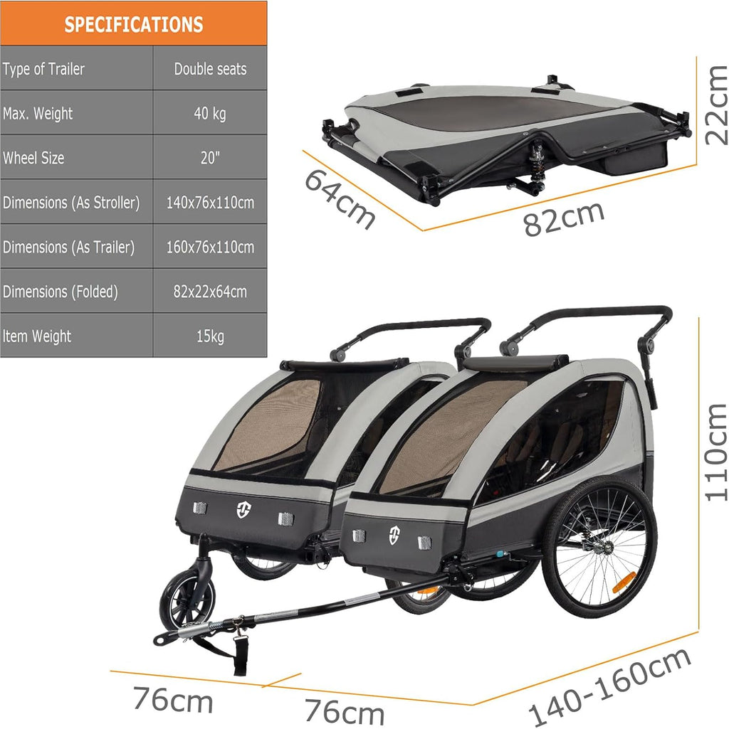 Tiggo VS Kinderanhänger 360° Drehbar mit Federung 2in1 Fahrradanhänger mit Buggy Set Jogger 5-Punkt Gurt Fahrrad Anhänger für 1 bis 2 Kinder max. 40kg