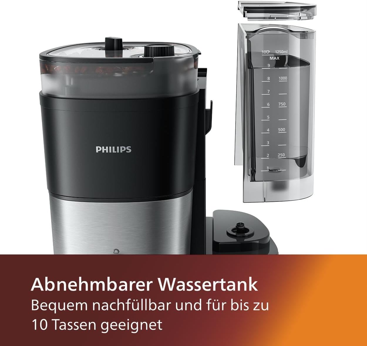 Philips Macchina da caffè con filtro All-in-1 - macinacaffè conico integrato per caffè appena macinato - doppio contenitore per chicchi, caraffa in vetro da 1,25 l, impostazione personalizzata dell'intensità (HD7900/50)