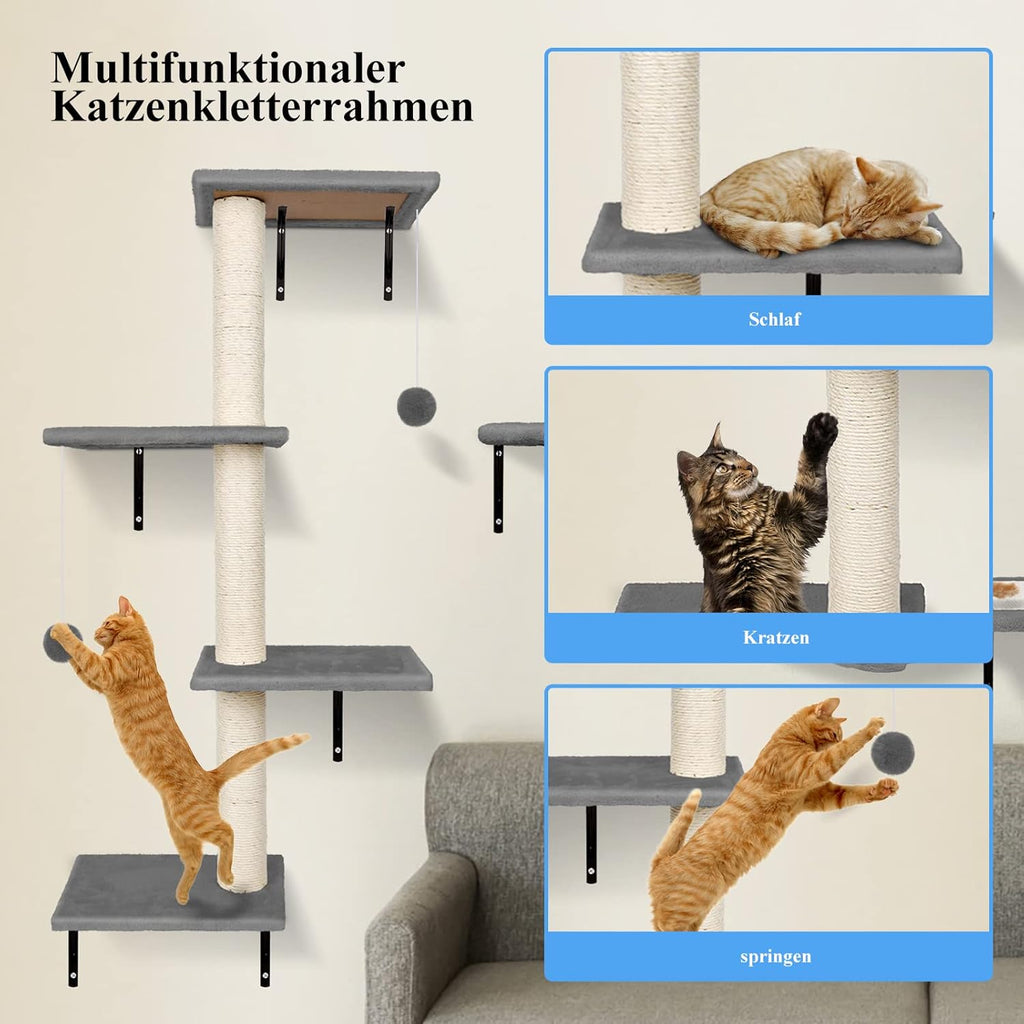 Zvonema Kletterwand 10-teilig-Katzenhängematte,Hängebrücke mit Rutschfestem Sisal,Kratzsäulen mit Sisal,Ruhe und Spielwandregal mit Spurenkugel,Kletterwand für Katzen bis 10 kg