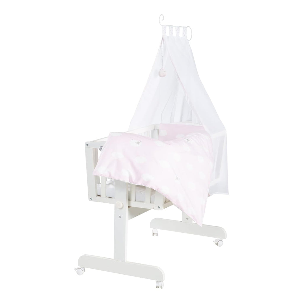 roba Babywiege 40 x 90 cm Adam & Eule - Stubenwagen & Wiege mit Rollen - Bett Set komplett mit Feststellfunktion - Inkl. textiler Ausstattung - Holz weiß