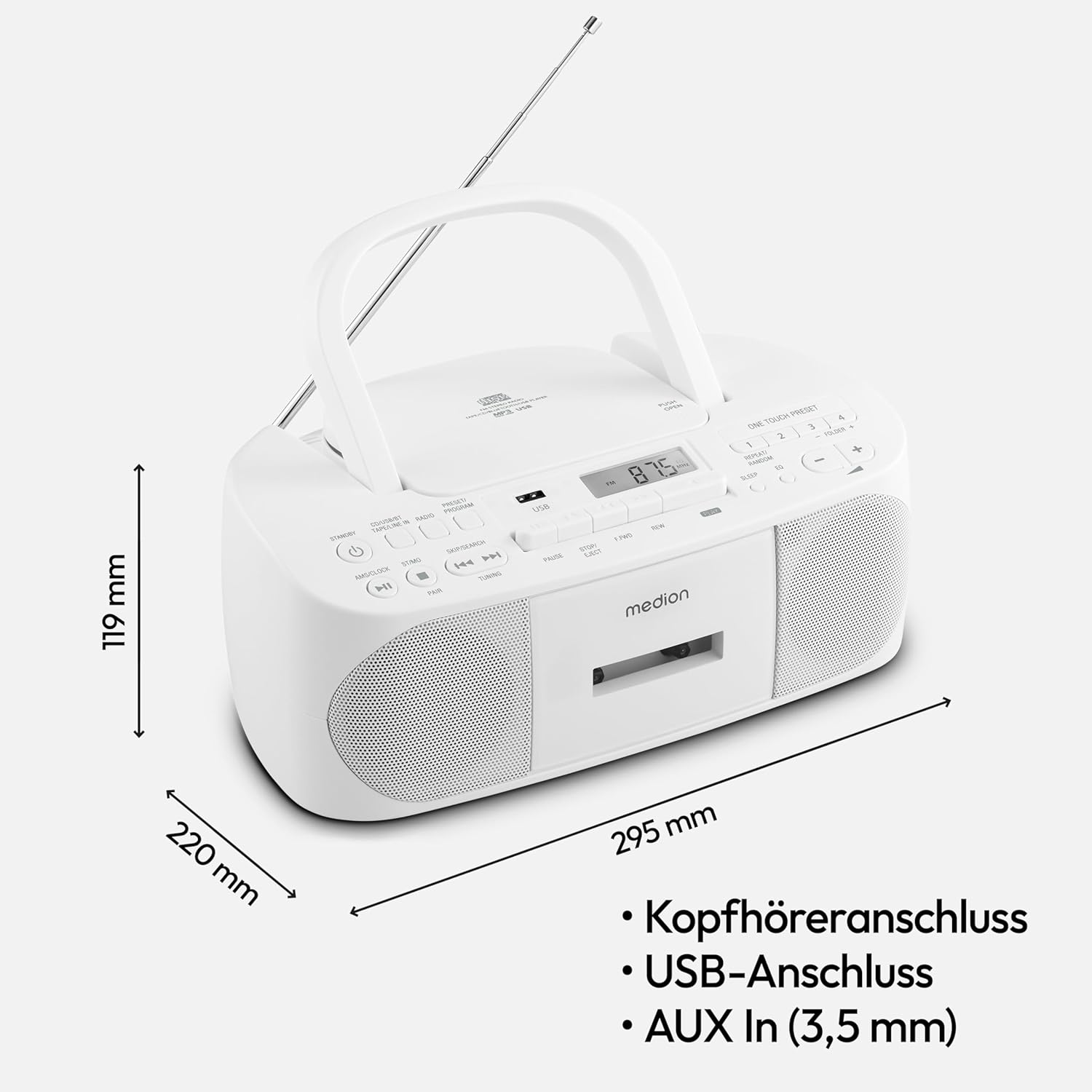 MEDION E65010 Radioregistratore stereo (lettore CD, cassetta, porta USB, ingresso audio AUX, riproduzione MP3, radio PLL FM, 40 stazioni memorizzabili, funzionamento a batteria, telecomando) bianco