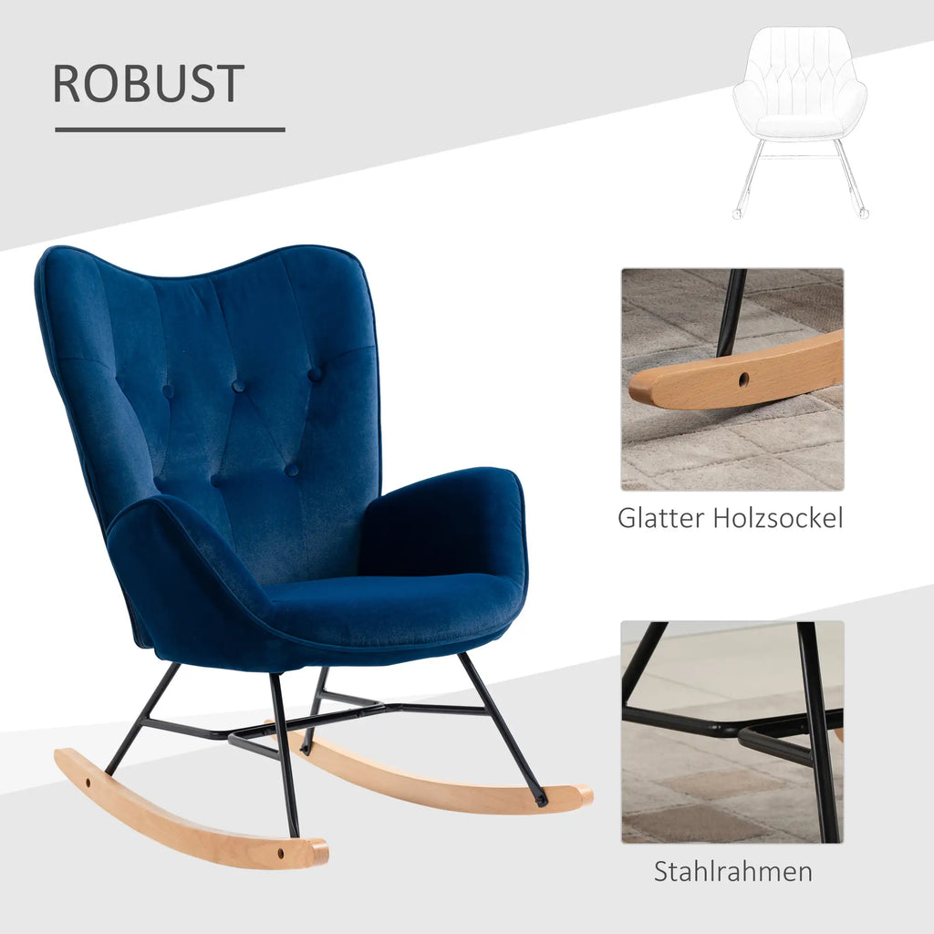 HOMCOM Sedia a Dondolo Scandinava Schienale Alto Effetto Velluto Blu