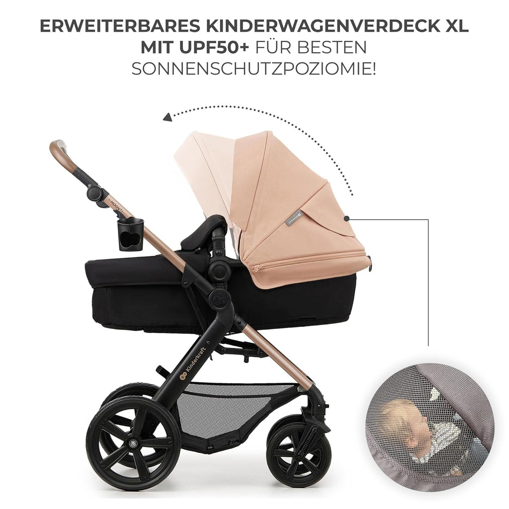 Kinderkraft MOOV2 AIR Passeggino 3 in 1, Set da 26 kg con seggiolino auto I-SIZE 40-75 cm, funzione passeggino, schienale reclinabile, ampia cappottina estensibile, ruote gonfiabili, grigio