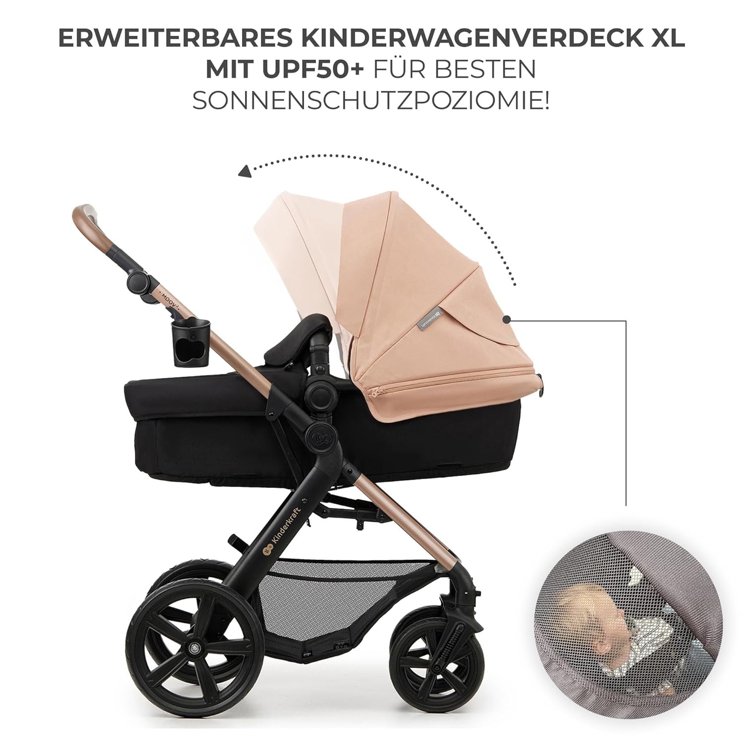 Kinderkraft MOOV2 AIR Passeggino 3 in 1, Set da 26 kg con seggiolino auto I-SIZE 40-75 cm, funzione passeggino, schienale reclinabile, ampia cappottina estensibile, ruote gonfiabili, grigio