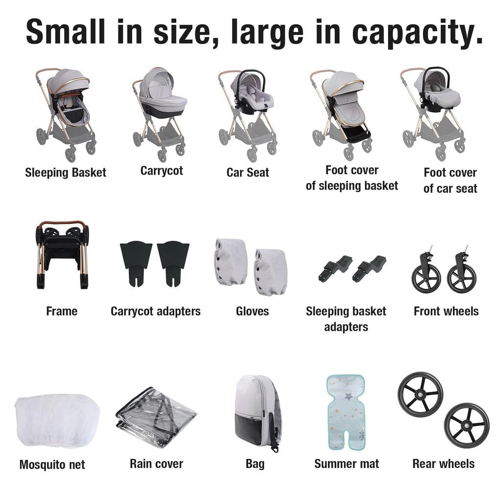 Sianldcone Passeggino 3 in 1, Set Passeggino con Tessuti di Alta Qualità, Sistemi di Viaggio con Spinta Reversibile, Passeggino Combinato a Vista Aperta Set Completo 3 in 1 (V9 Cachi)