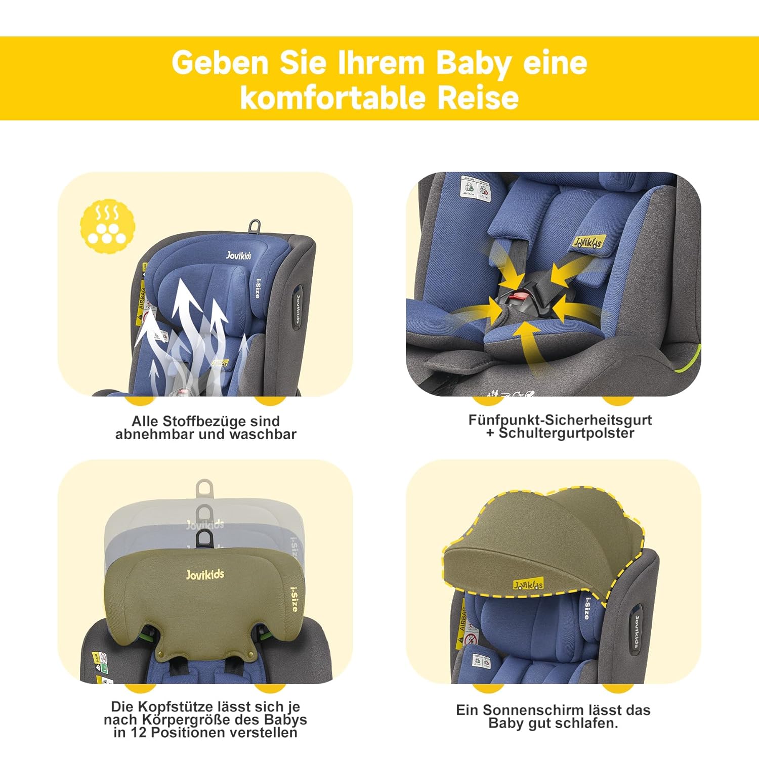 Jovikids 360° Drehbar Kindersitz mit ISOFIX, i-Size 40-150cm(ab Geburt -12 Jahre) Baby Autositz Reboarder mit Liegefunktion & Abnehmbar Vordach, ECE R129 (blau)